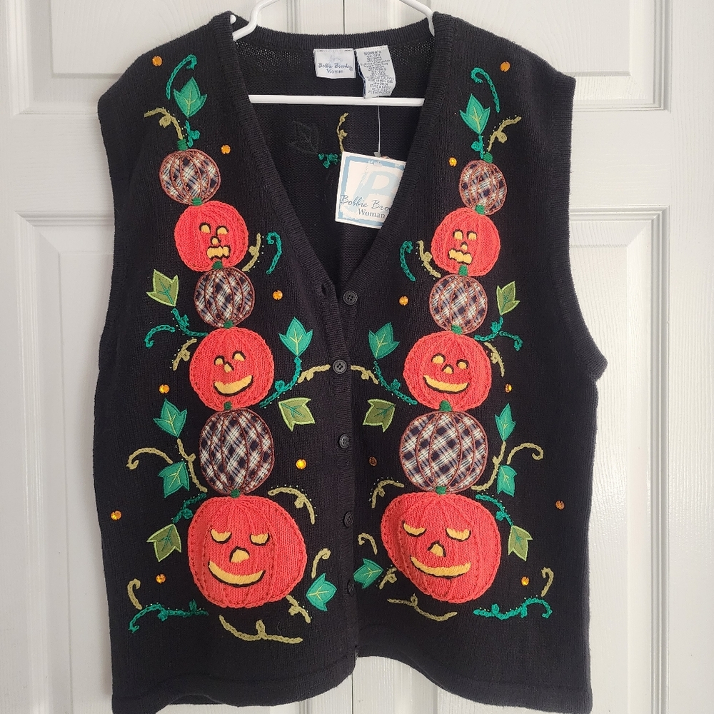 VTG Bobbie Brooks Knitted Halloween Pumpkin Sweater Grandmacore Vest, Sz 18w-20w